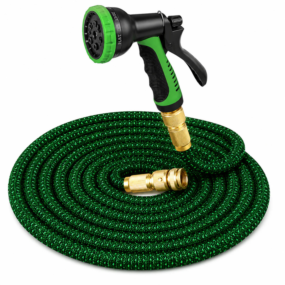 Mangueira Expansível 37 Metros - Reforçada, Grossa - Conectores em aço dourado - Com Bico 8 Jatos