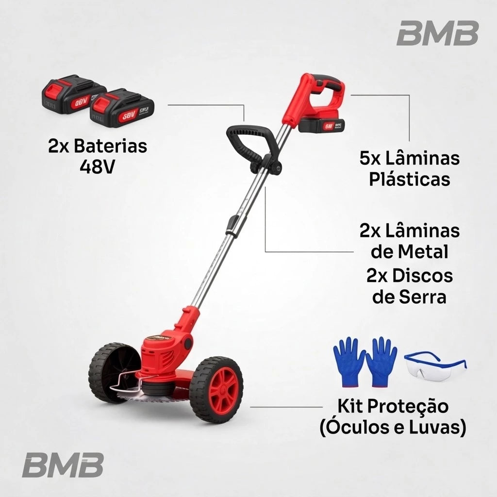 Roçadeira Aparador Cortador De Grama Elétrico Recarregável Com Rodas 2 Baterias de Lítio Kit completo